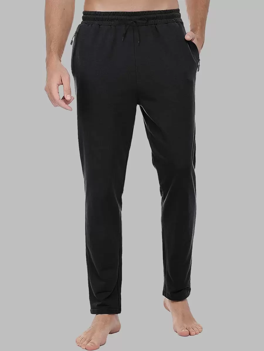 Men Drawstring Waist Zipper Pocket Sports Trousers - Black - View 1
