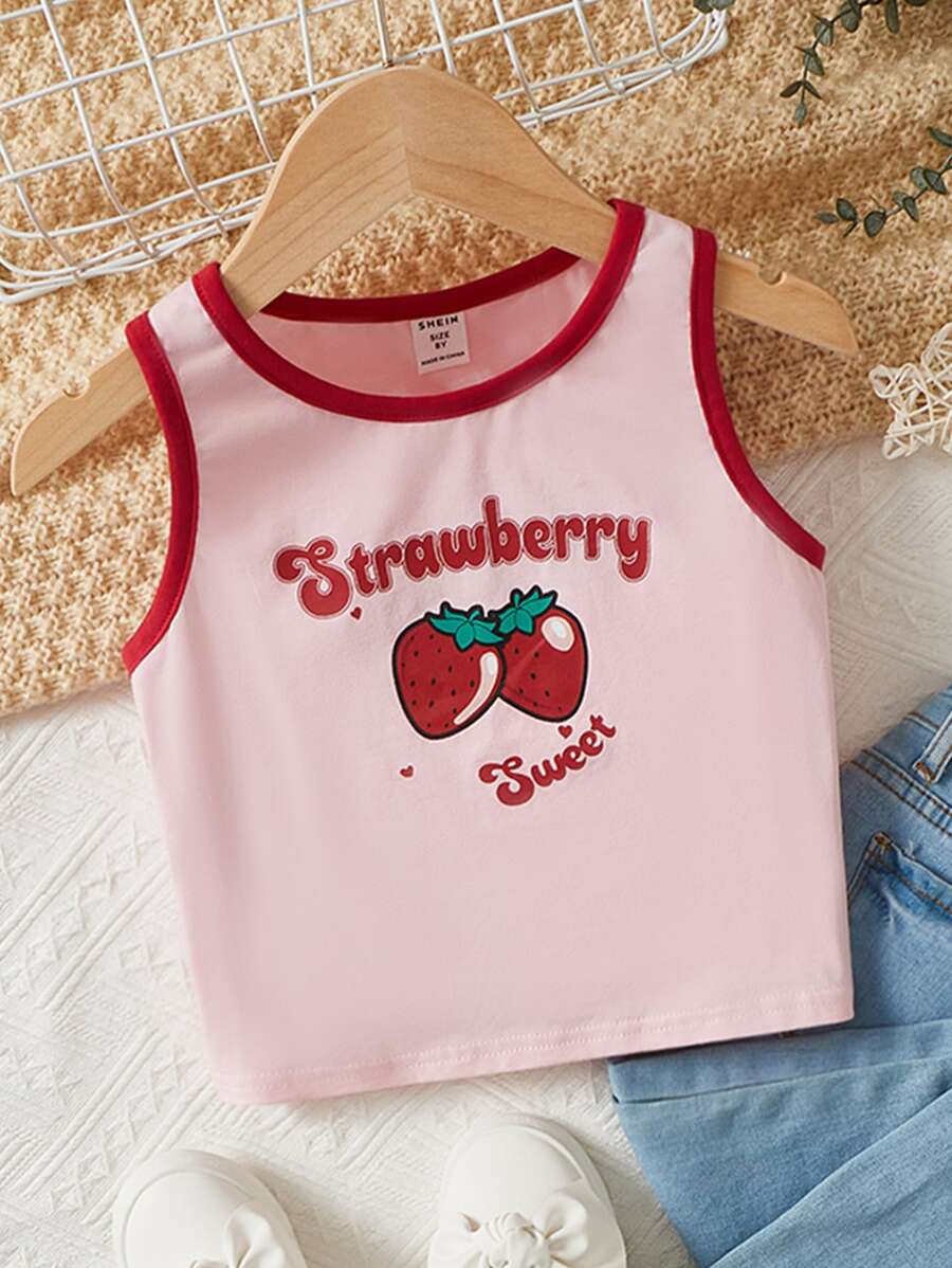 SHEIN Tank Tops & Camis Bé Gái Tương phản ràng buộc Lá thư Rau quả Giải trí - Màu Hồng baby - Xem 1