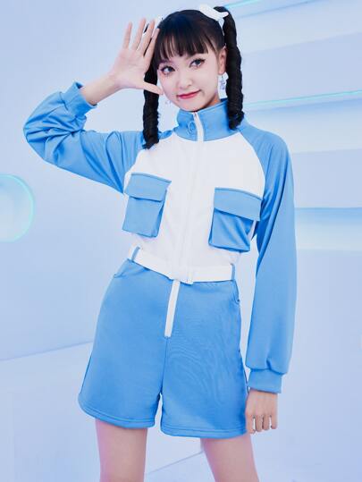 Colorblock Flap Pocket Raglan Sleeve Romper
