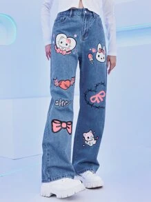 ROMWE Kawaii Cartoon & Letter Graphic Jeans - Medium Wash - View 3