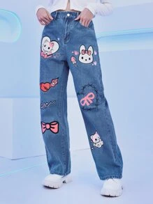 ROMWE Kawaii Cartoon & Letter Graphic Jeans - Medium Wash - View 4