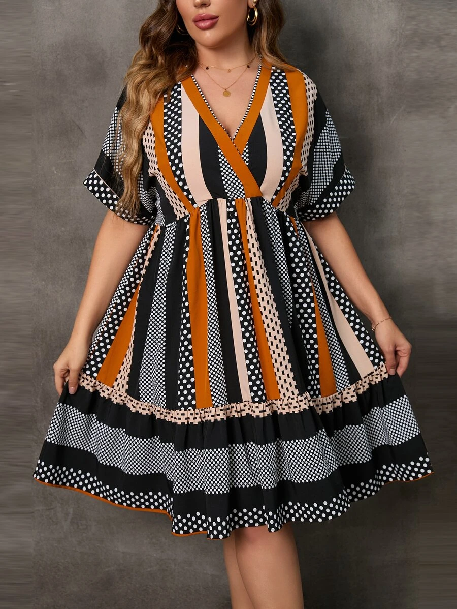 SHEIN Clasi Plus Polka Dot & Striped Print Batwing Sleeve Ruffle Hem Dress - Multicolor - View 1