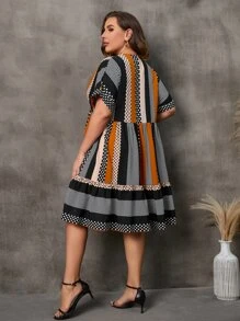 SHEIN Clasi Plus Polka Dot & Striped Print Batwing Sleeve Ruffle Hem Dress - Multicolor - View 2