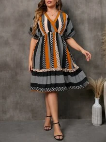SHEIN Clasi Plus Polka Dot & Striped Print Batwing Sleeve Ruffle Hem Dress - Multicolor - View 3