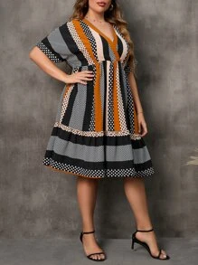 SHEIN Clasi Plus Polka Dot & Striped Print Batwing Sleeve Ruffle Hem Dress - Multicolor - View 6