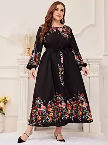 Modelyn Plus Floral Print Lantern Sleeve Belted Dress Maxi Women Outfit Long Evening Dresses