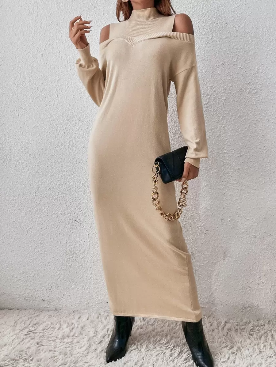 SHEIN Essnce Cold Shoulder Jumper Dress Without Belt - Apricot - View 1