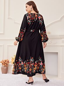 Modelyn Plus Floral Print Lantern Sleeve Belted Dress Maxi Women Outfit Long Evening Dresses