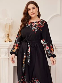 Modelyn Plus Floral Print Lantern Sleeve Belted Dress Maxi Women Outfit Long Evening Dresses