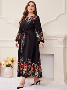 Modelyn Plus Floral Print Lantern Sleeve Belted Dress Maxi Women Outfit Long Evening Dresses