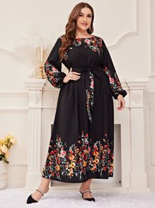Modelyn Plus Floral Print Lantern Sleeve Belted Dress Maxi Women Outfit Long Evening Dresses