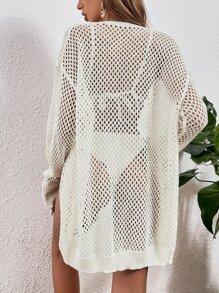 SHEIN Open Knit Drop Shoulder Kimono For Summer Beach Vacation - Beige - View 2