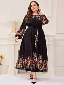 Modelyn Plus Floral Print Lantern Sleeve Belted Dress Maxi Women Outfit Long Evening Dresses