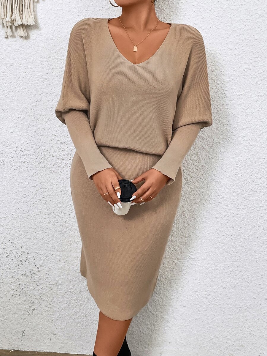 Plus Batwing Sleeve Jumper & Knit Skirt - Camel - View 1