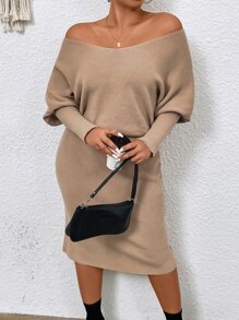 Plus Batwing Sleeve Jumper & Knit Skirt - Camel - View 4