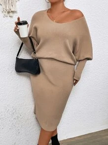 Plus Batwing Sleeve Jumper & Knit Skirt - Camel - View 5