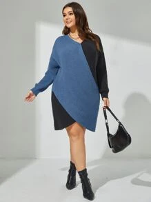 Calvaya Plus Two Tone Drop Shoulder Wrap Hem Jumper Dress - Dusty Blue - View 1