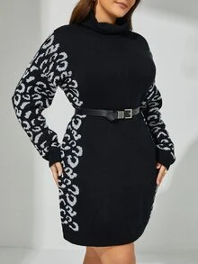 SHEIN Clasi Vestido de punto con patrón de leopardo de cuello tortuga de hombros caídos sin cinturón - Negro - Ver 3