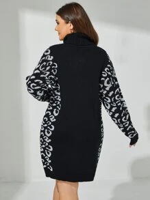 SHEIN Clasi Vestido de punto con patrón de leopardo de cuello tortuga de hombros caídos sin cinturón - Negro - Ver 2