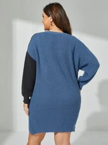 Calvaya Plus Two Tone Drop Shoulder Wrap Hem Jumper Dress - Dusty Blue - View 2