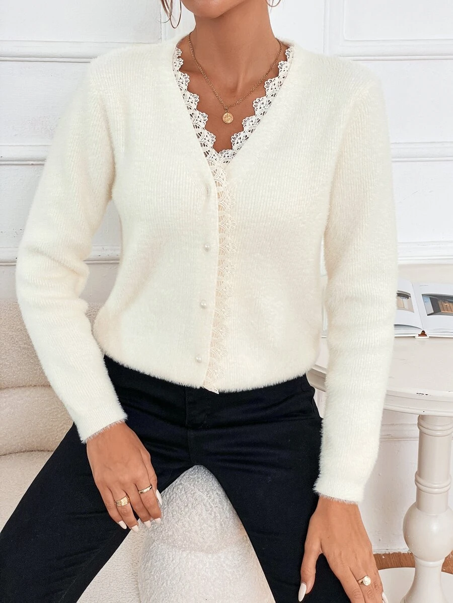 SHEIN Frenchy Cárdigan de punto esponjoso con ribete de encaje guipur, blusas de manga larga para otoño/invierno