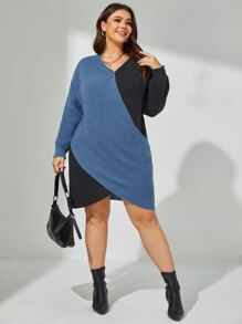 Calvaya Plus Two Tone Drop Shoulder Wrap Hem Jumper Dress - Dusty Blue - View 5