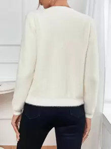 SHEIN Frenchy Cárdigan de punto esponjoso con ribete de encaje guipur, blusas de manga larga para otoño/invierno