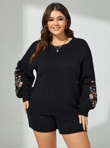 Plus Floral Embroidery Drop Shoulder Jumper & Knit Shorts - Black - View 1