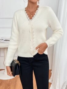 SHEIN Frenchy Cárdigan de punto esponjoso con ribete de encaje guipur, blusas de manga larga para otoño/invierno