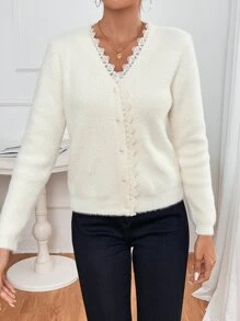 SHEIN Frenchy Cárdigan de punto esponjoso con ribete de encaje guipur, blusas de manga larga para otoño/invierno