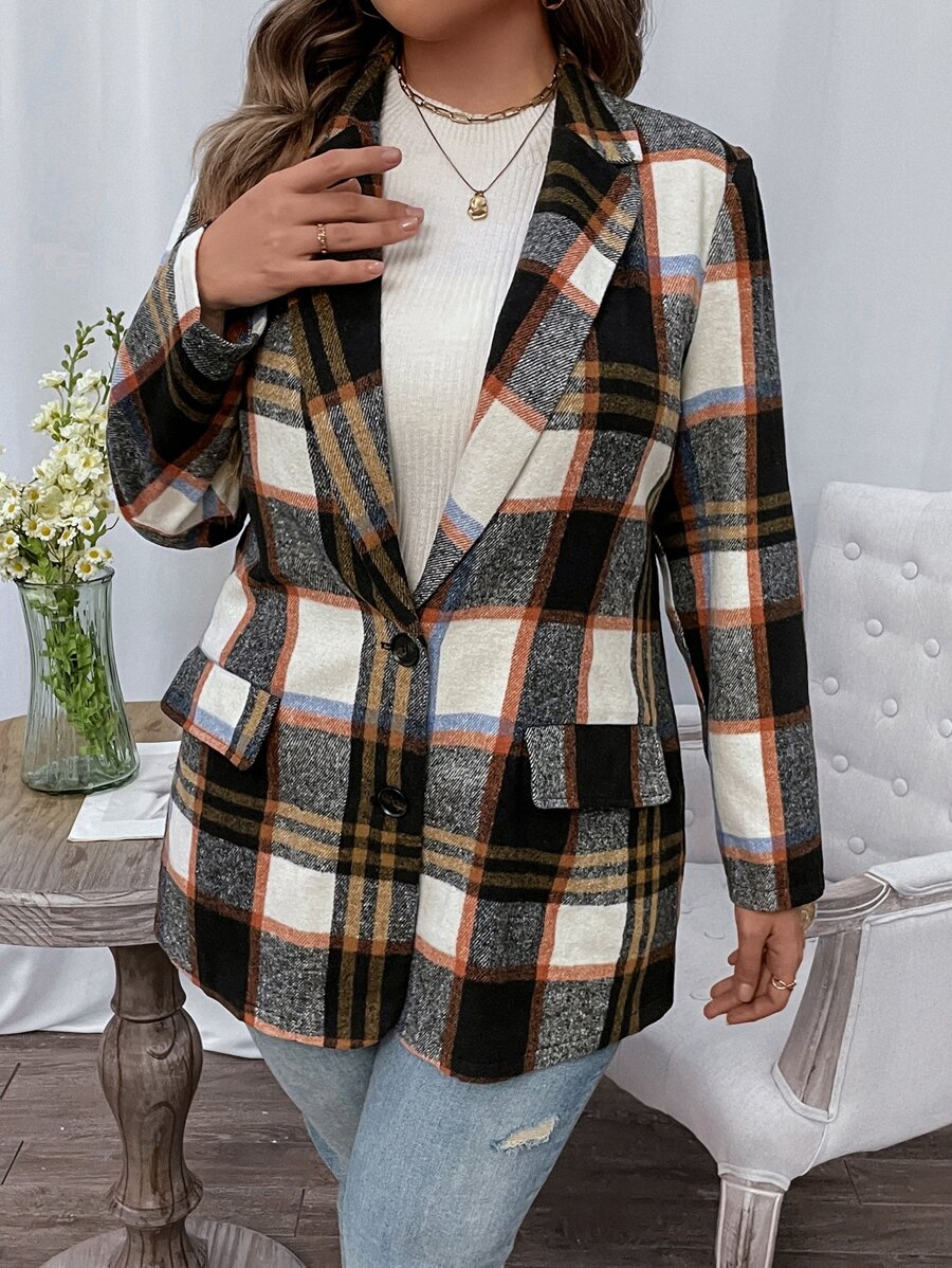 Celure Plus Plaid Single Breasted Blazer - Black and White - View 1