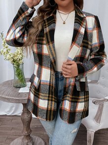 Celure Plus Plaid Single Breasted Blazer - Black and White - View 3
