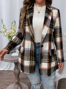 Celure Plus Plaid Single Breasted Blazer - Black and White - View 5