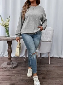 SHEIN LUNE Plus Patched Pocket Drop Shoulder Sweatshirt - Grey - View 5