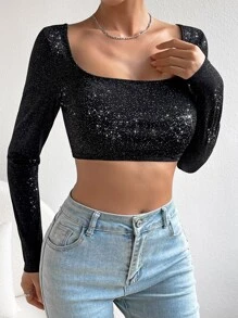 SHEIN BAE 方領短款金屬亮絲上衣