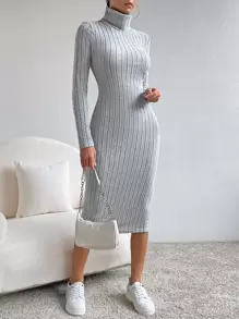 SHEIN Essnce Vestido ajustado cuello alto tejido de canalé - Gris - Ver 4