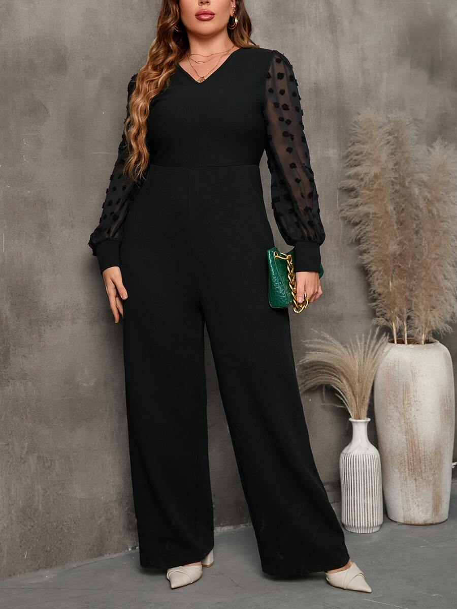 SHEIN Clasi Plus Swiss Dot Lantern Sleeve Jumpsuit - Black - View 1
