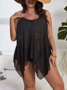 SHEIN Plus Solid Asymmetrical Hem Cover Up - Black - View 3
