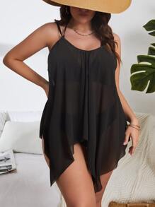 SHEIN Plus Solid Asymmetrical Hem Cover Up - Black - View 4