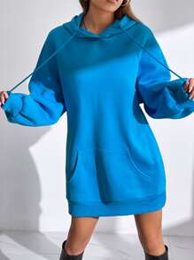 SHEIN EZwear Kangaroo Pocket Drop Shoulder Drawstring Hoodie Dress - Royal Blue - View 3