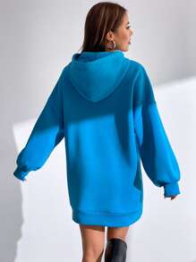 SHEIN EZwear Kangaroo Pocket Drop Shoulder Drawstring Hoodie Dress - Royal Blue - View 2
