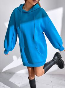 SHEIN EZwear Kangaroo Pocket Drop Shoulder Drawstring Hoodie Dress - Royal Blue - View 5
