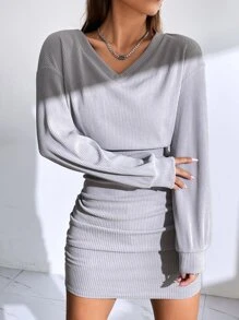 SHEIN EZwear Đầm Xù Gân đan màu trơn Giải trí - Màu Xám nhạt - Xem 5