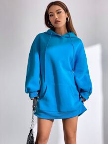 SHEIN EZwear Kangaroo Pocket Drop Shoulder Drawstring Hoodie Dress - Royal Blue - View 6