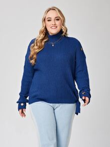 大碼高領落肩袖側打結套頭毛衣 - 藍色 - 查看 1