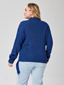 大碼高領落肩袖側打結套頭毛衣 - 藍色 - 查看 2