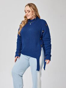 大碼高領落肩袖側打結套頭毛衣 - 藍色 - 查看 3