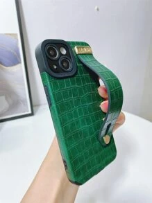 Green Wrist Strap High Quality PU Crocodile Grain TPU Soft Phone Case, Anti-Fall, Anti-Sweat, Anti-Fingerprint, Wear-Resistant, Non-Fading, Compatible With Iphone - Dark Green - View 3