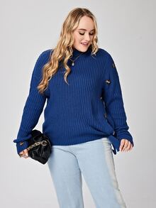 大碼高領落肩袖側打結套頭毛衣 - 藍色 - 查看 4