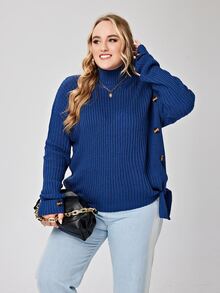 大碼高領落肩袖側打結套頭毛衣 - 藍色 - 查看 5